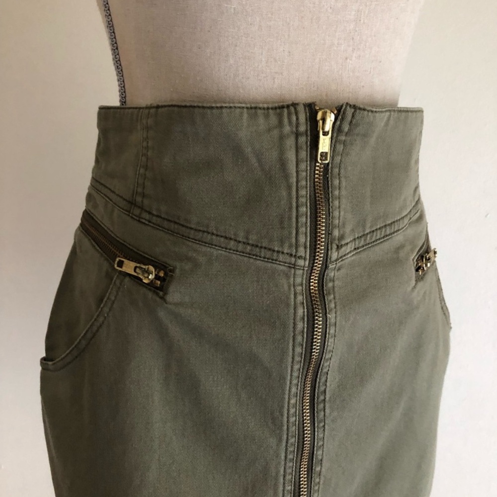 H&M Army Green Jean Mini Skirt, High Waist, Gold Zipper Details + Pockets, 12 - Picture 3 of 14